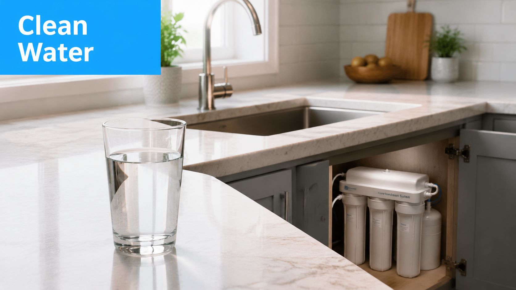 A glass of clean water sitting on a marble countertop next to an under-sink filtration system