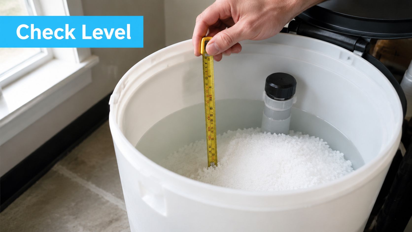 A person using a tape measure to check the water level inside a salt brine tank.