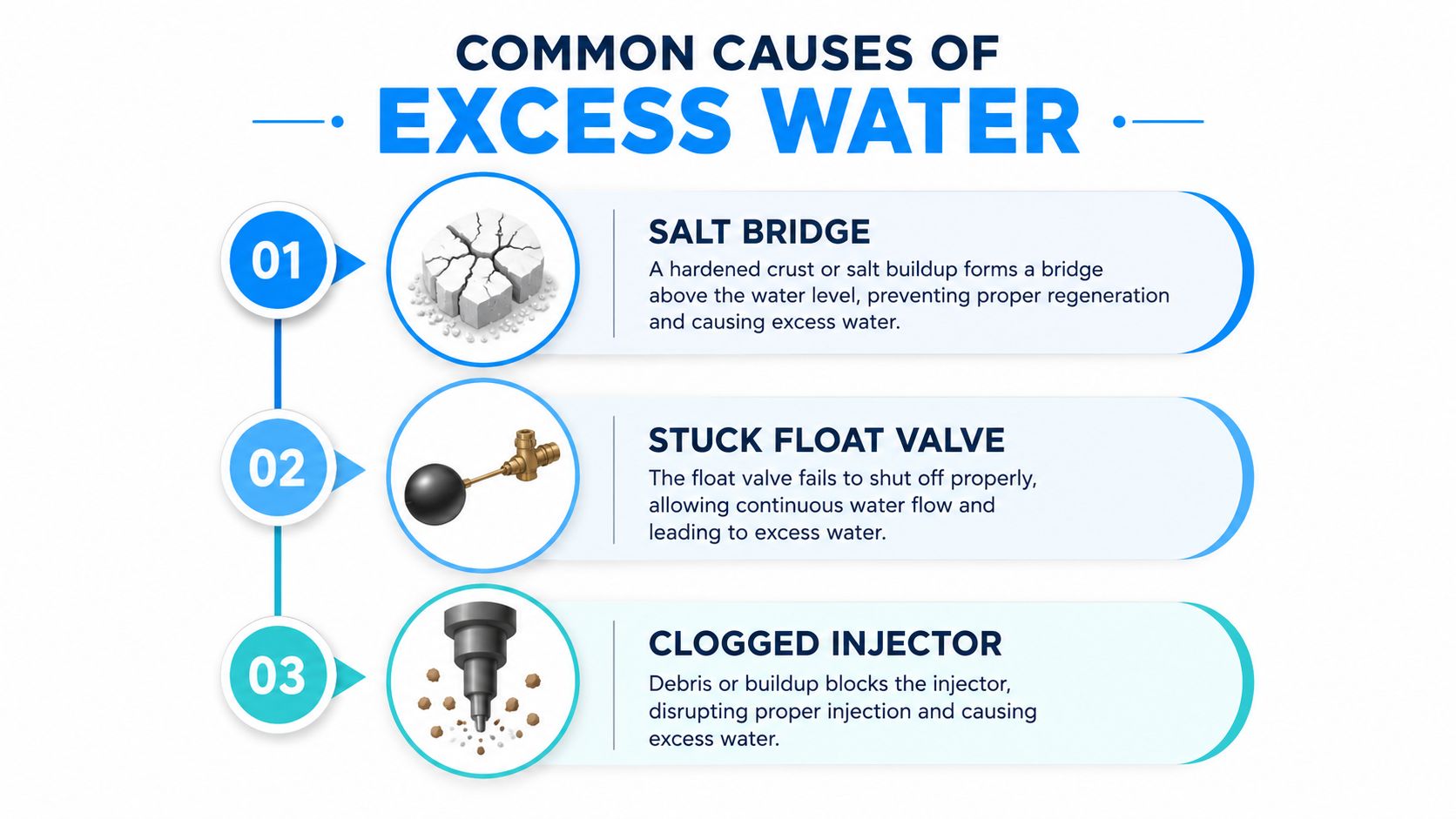 A diagram illustrating three common reasons for excess water in a water softener brine tank.