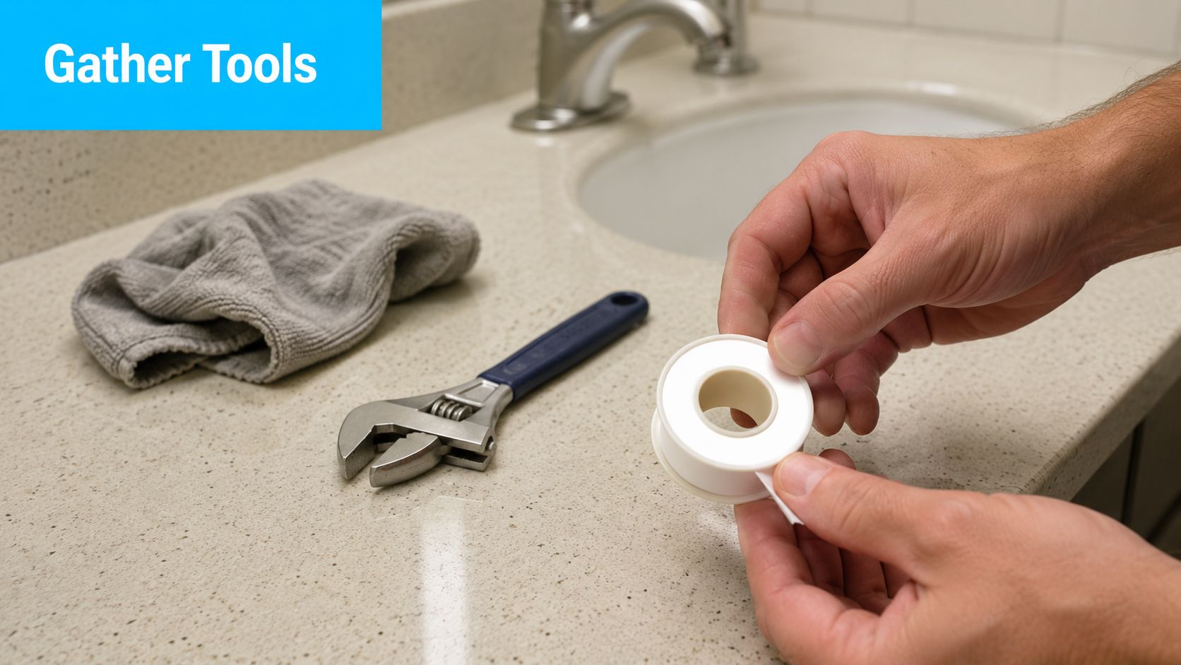 A person preparing to install plumbing fixtures with a wrench and plumber's tape on a bathroom counter.