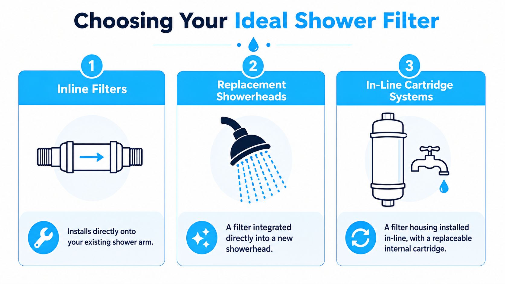 A guide on how to choose the right shower filter, showing three types of filtration systems.