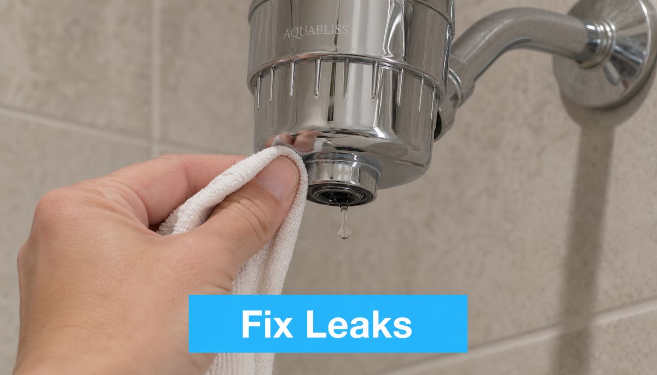 A hand holds a white cloth under a leaking chrome Aquabliss shower filter in a tiled bathroom.