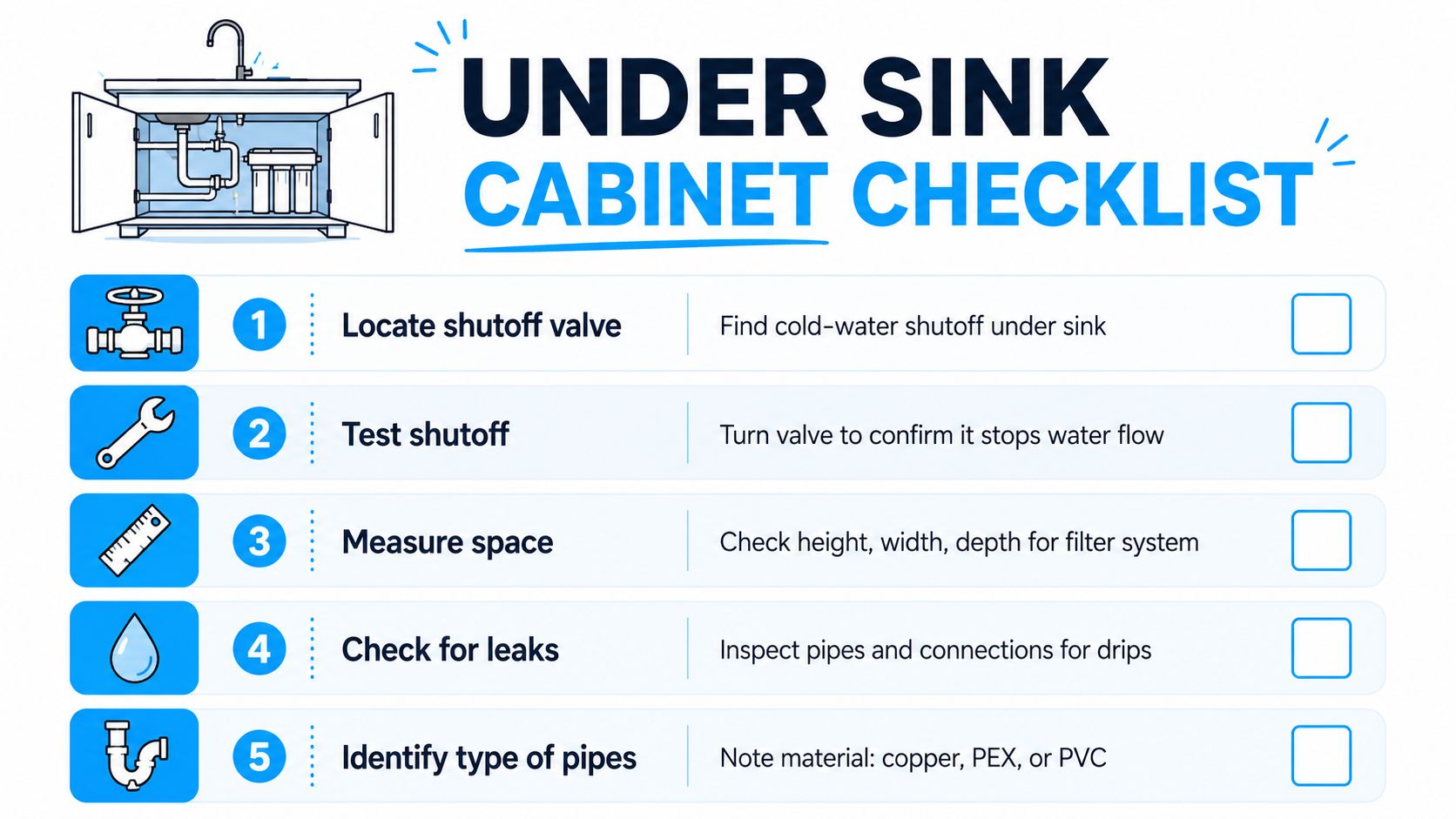 A checklist for preparing an under sink cabinet for water filter installation with five safety steps.