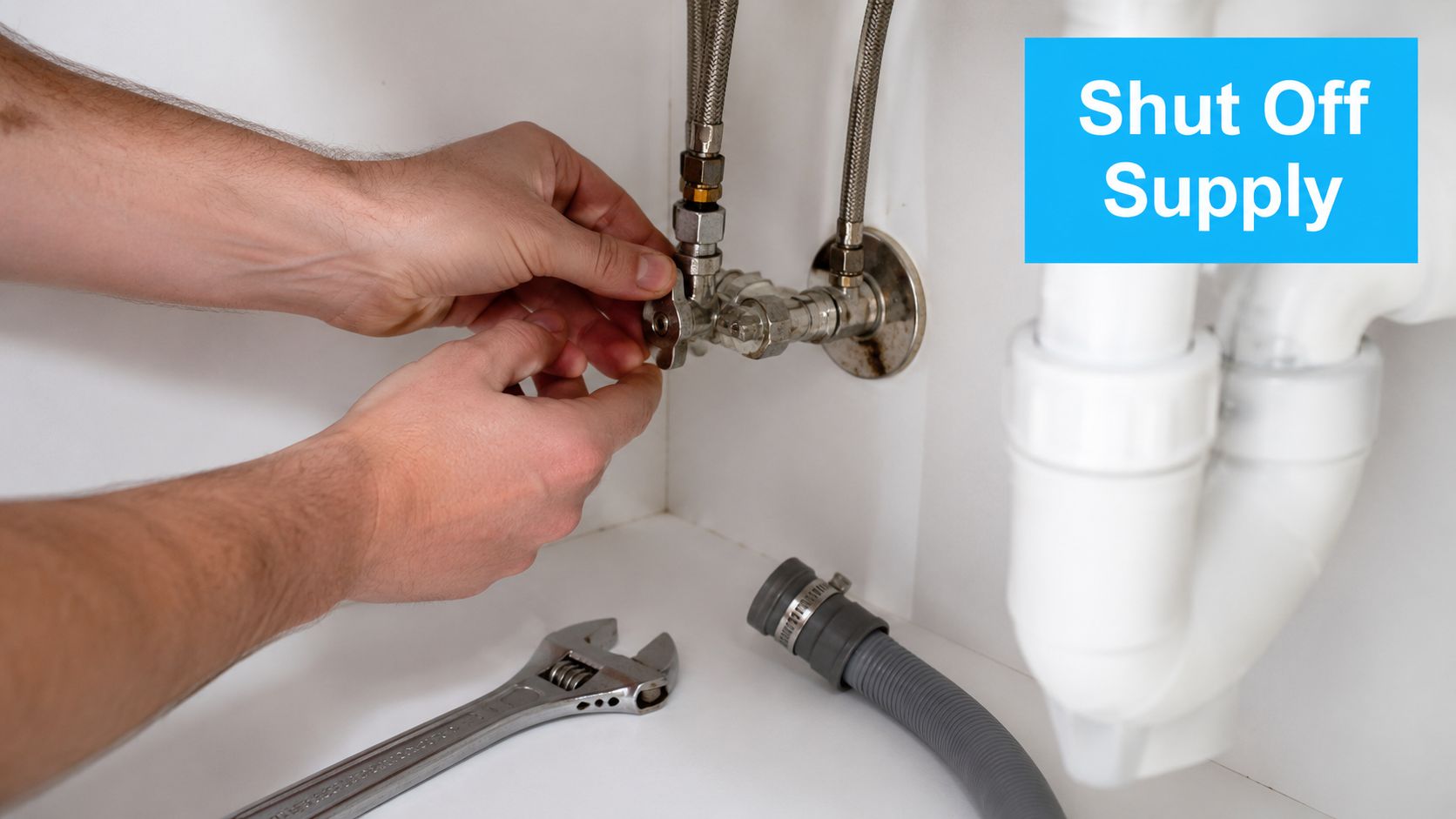 A plumber turning off the water supply valve under a kitchen sink during a water filter installation.