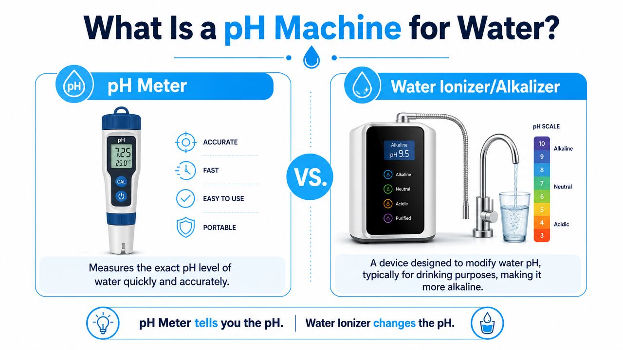 A comparison infographic between a handheld digital pH meter and a countertop water ionizer machine.