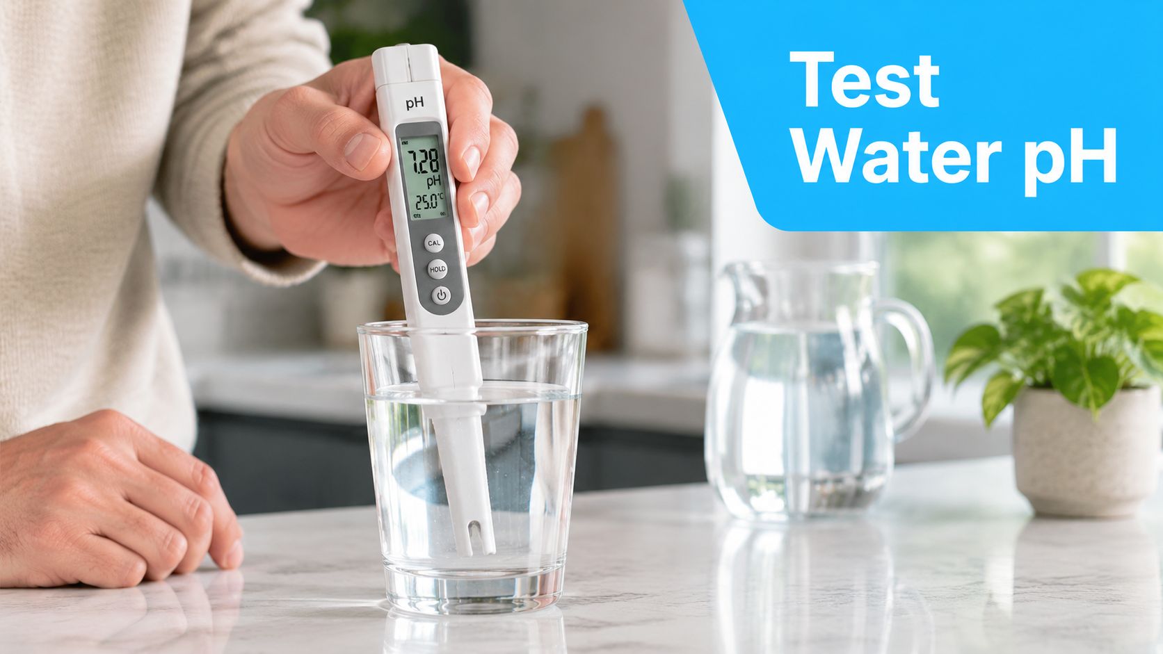 A person holding a digital pH meter in a glass of water to measure its alkalinity.