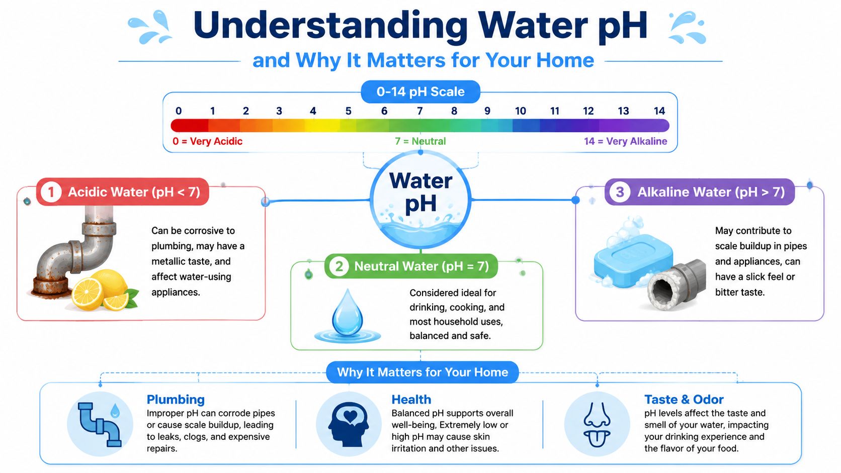 An infographic explaining water pH levels, categorized as acidic, neutral, and alkaline, and their effects on home systems.