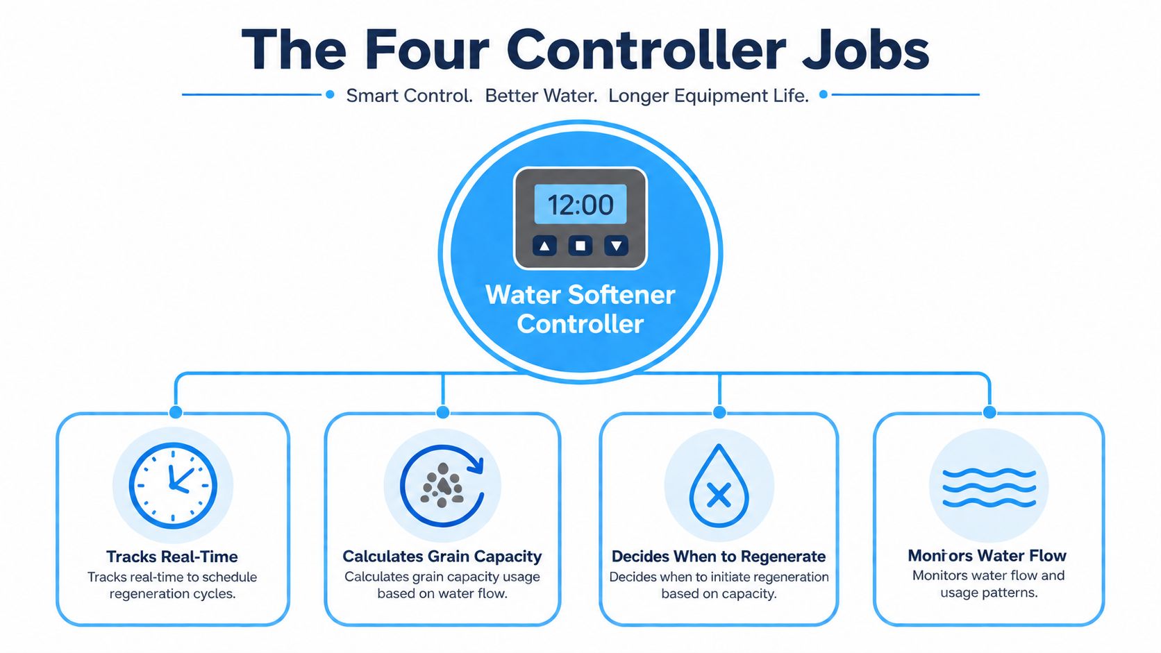 A diagram illustrating the four primary functions of a digital water softener controller for residential plumbing systems.