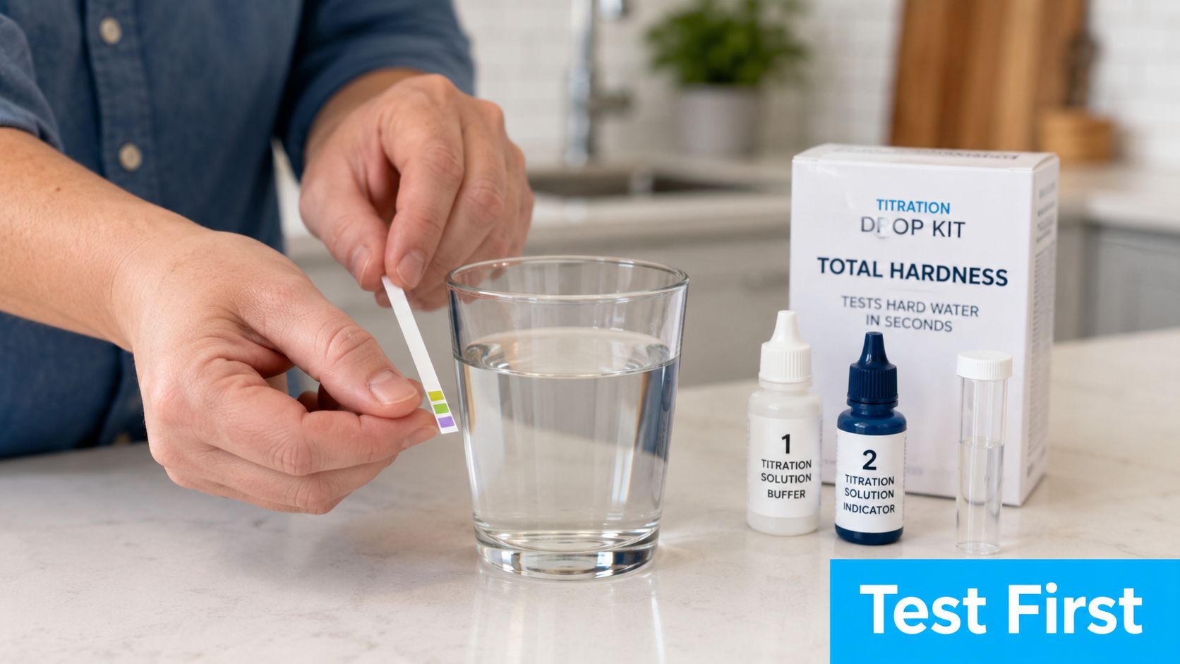 A person uses a test strip to check the water hardness level in a glass of water.