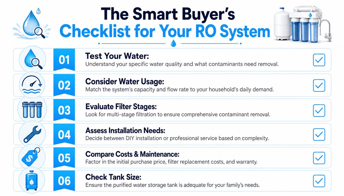 A smart buyer's checklist infographic for selecting the right reverse osmosis water filter system for your home.