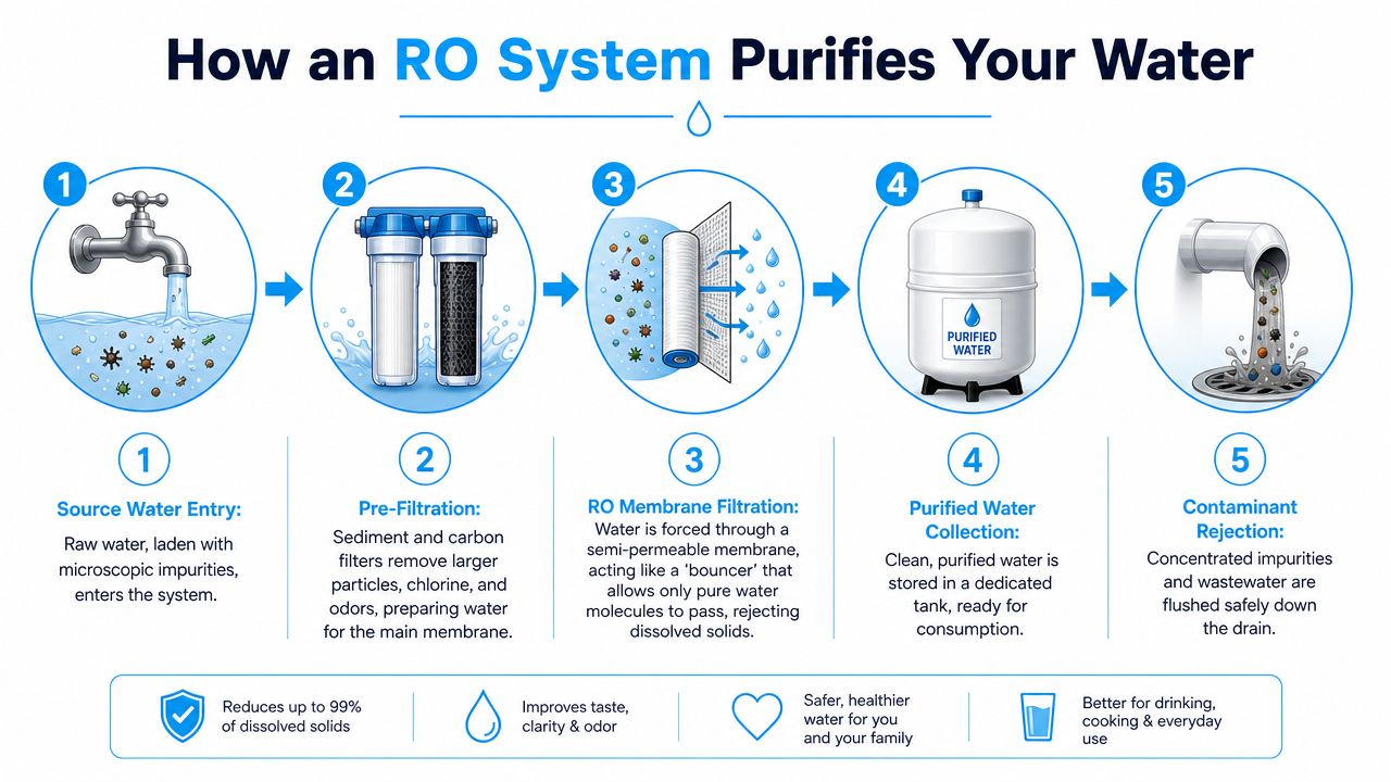 A five-step infographic explaining how a reverse osmosis water filter system purifies contaminated tap water.