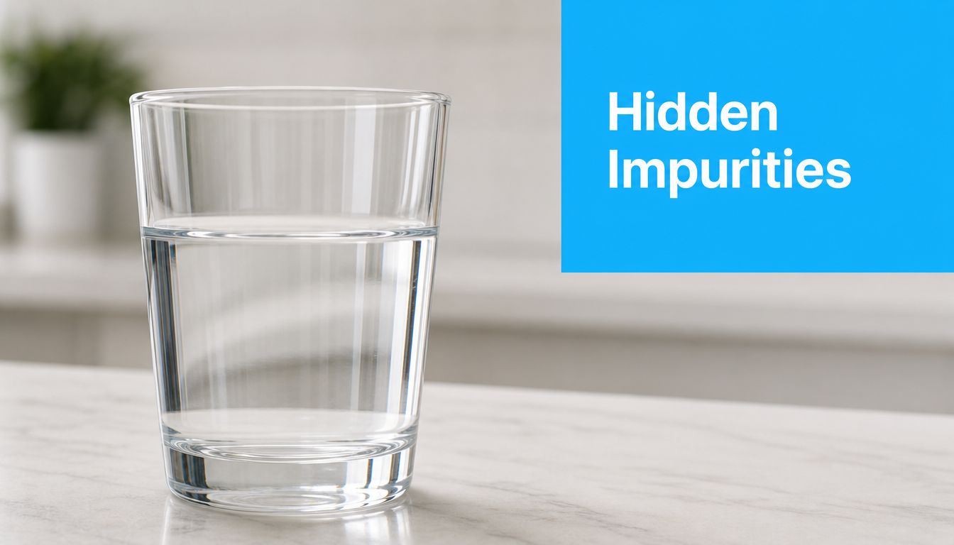 A clear glass of water sits on a white marble surface with a blue text overlay.