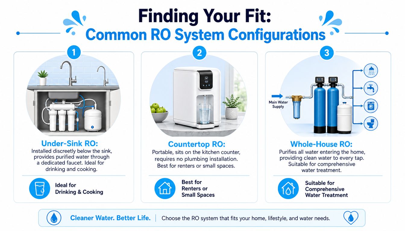 A diagram illustrating three common configurations for home reverse osmosis water filter systems: under-sink, countertop, and whole-house.