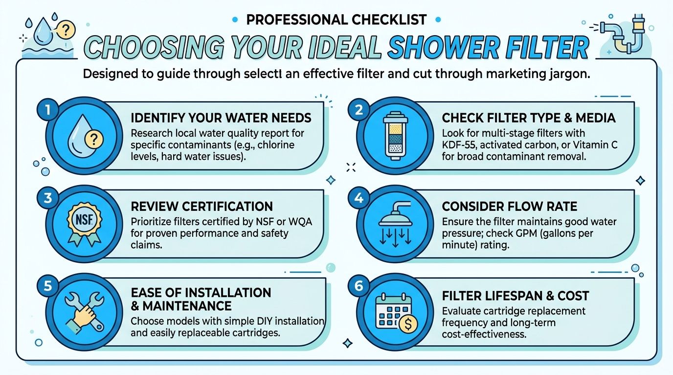 A professional checklist infographic detailing six key steps for choosing the best shower head water filter.