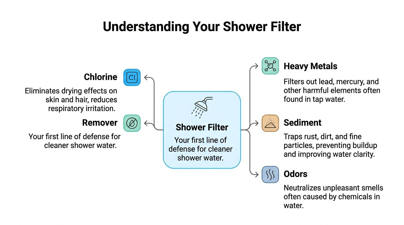 An infographic showing the key benefits of using a shower head filter for cleaner water quality.