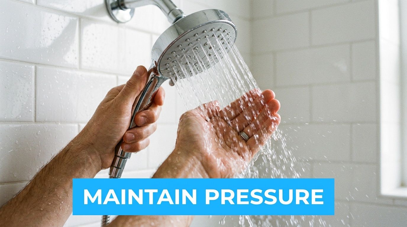 A person tests the water pressure from a handheld shower head in a tiled bathroom.