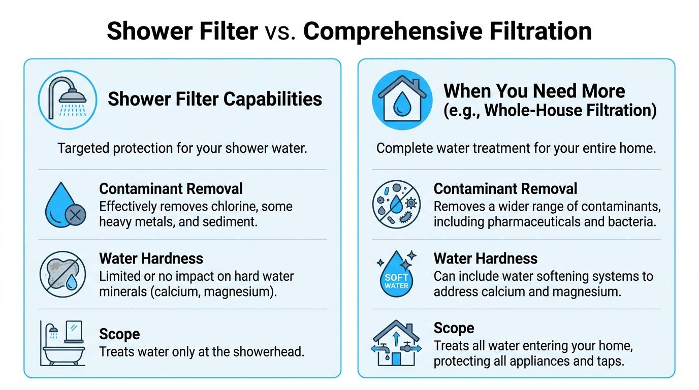 A comparison chart showing differences between a specific shower head filter and whole-house comprehensive water filtration systems.