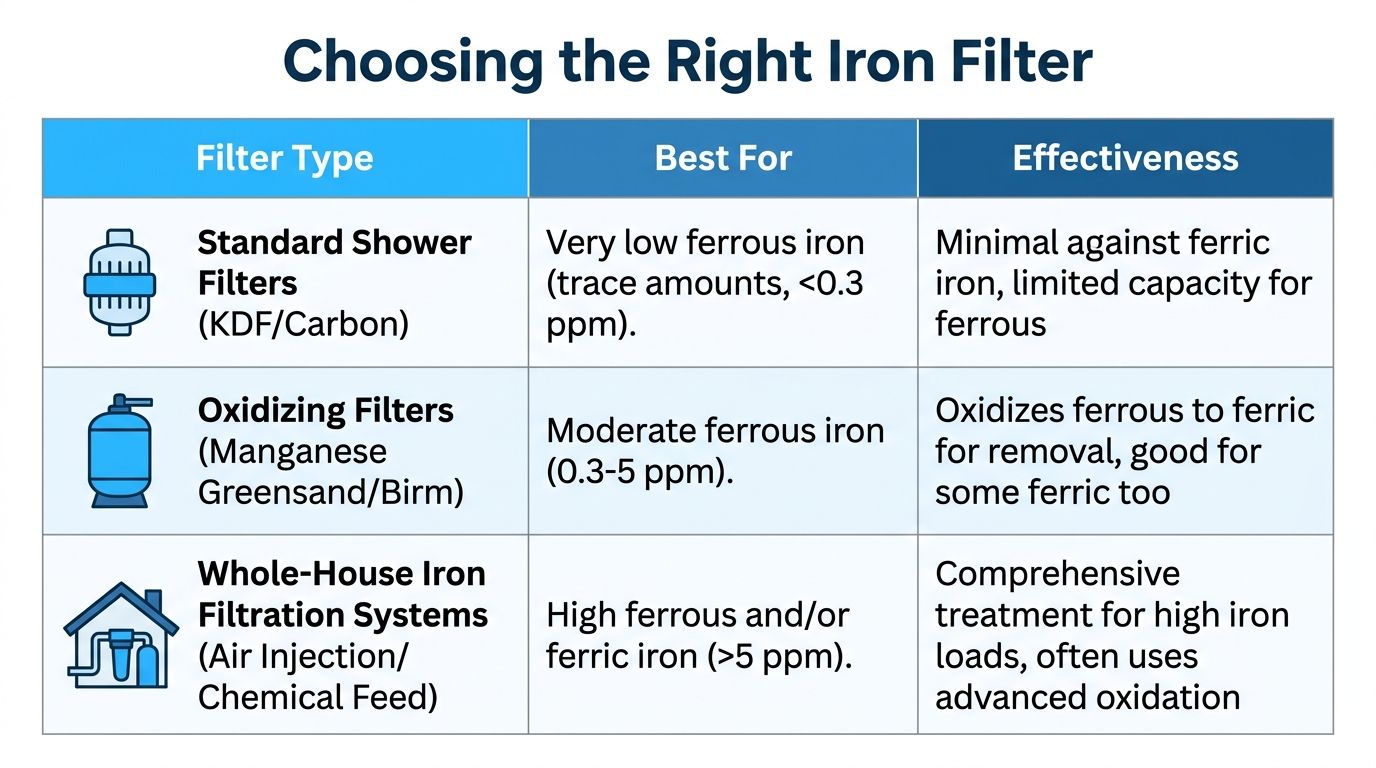 A table comparing different types of iron water filters based on their best use and overall effectiveness.