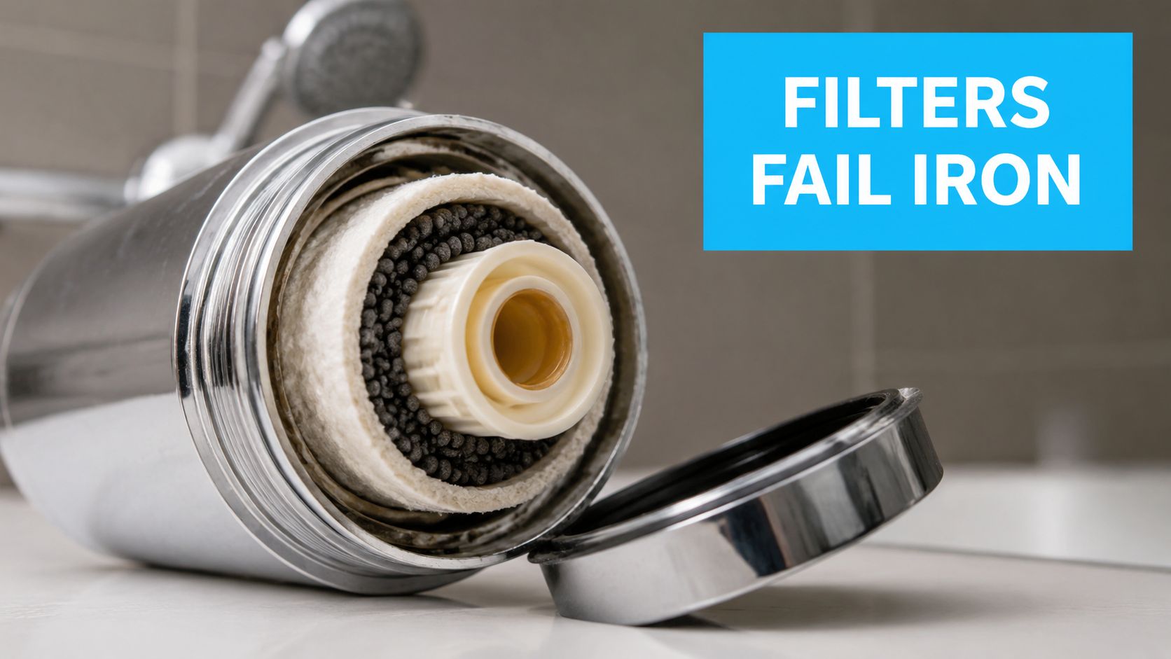 A close-up view of an opened chrome shower head water filter showing its inner media cartridge components.