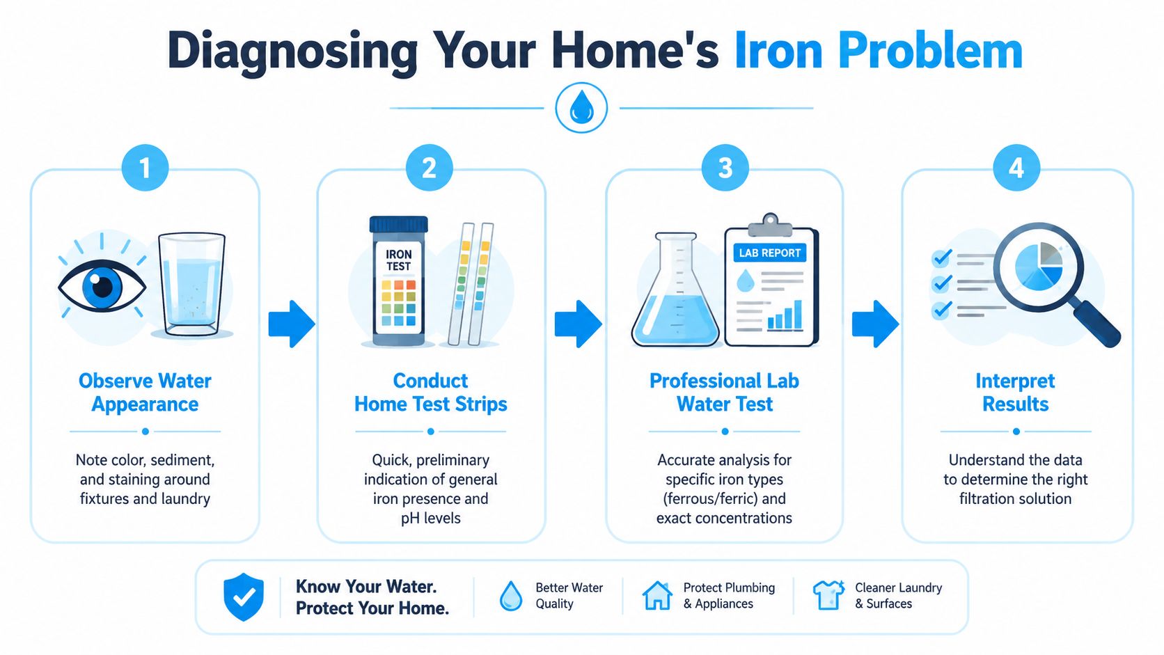 A four-step infographic illustrating how to diagnose and test for iron problems in home water systems.