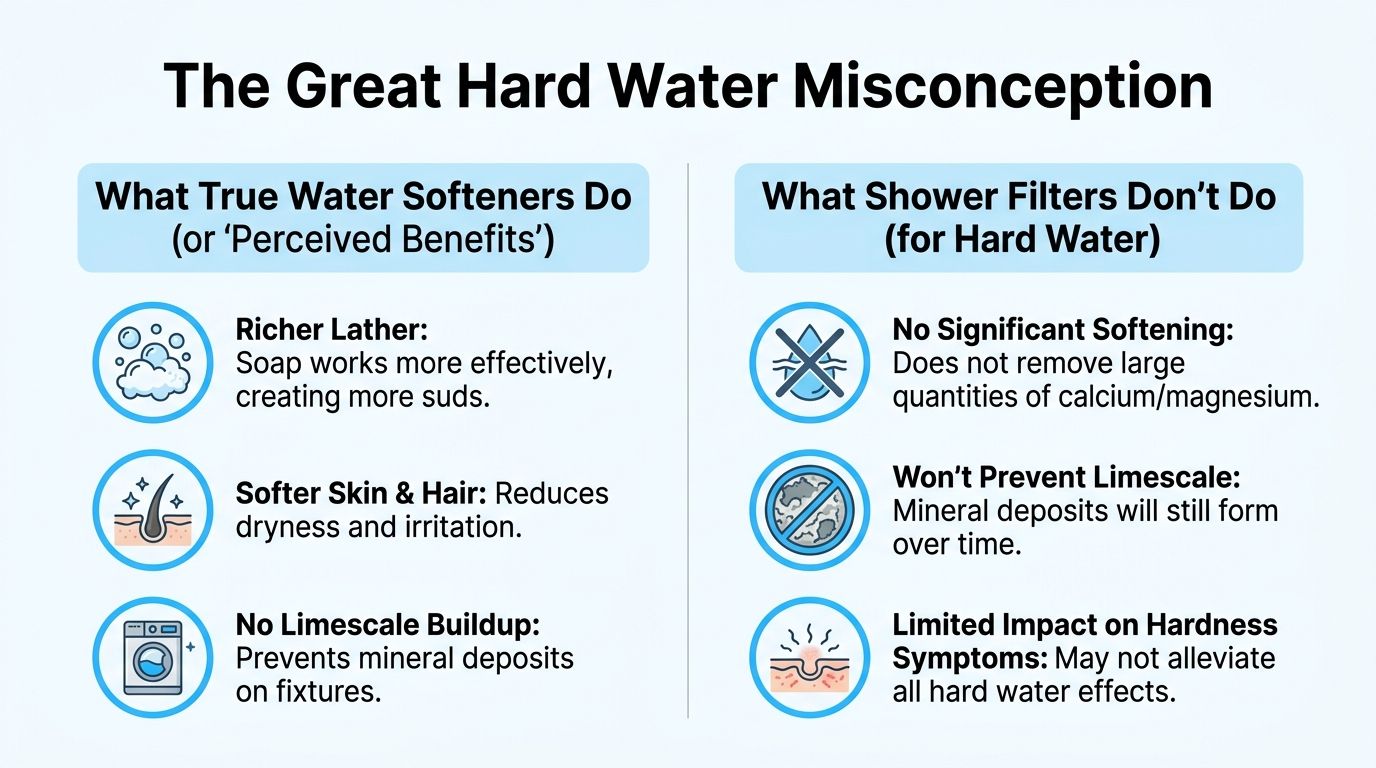 An infographic titled The Great Hard Water Misconception contrasting true water softeners with shower filters.