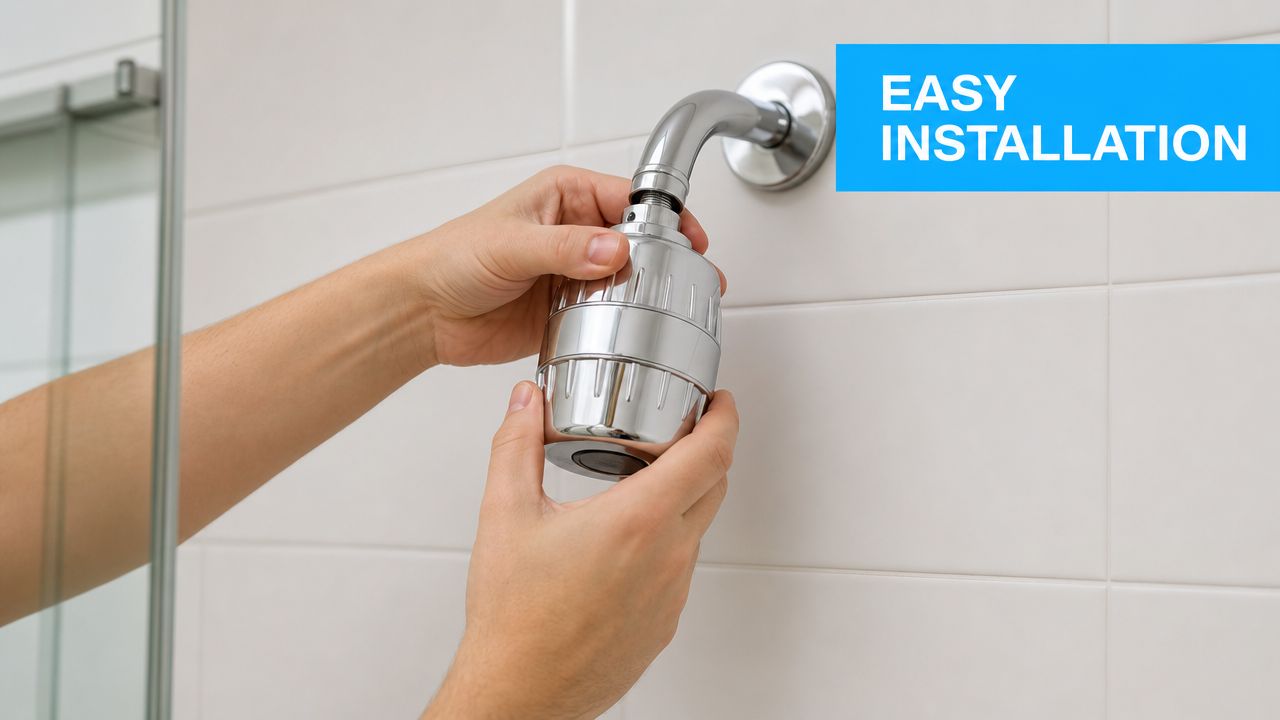 A pair of hands installing a chrome shower head filter onto a bathroom shower arm pipe.