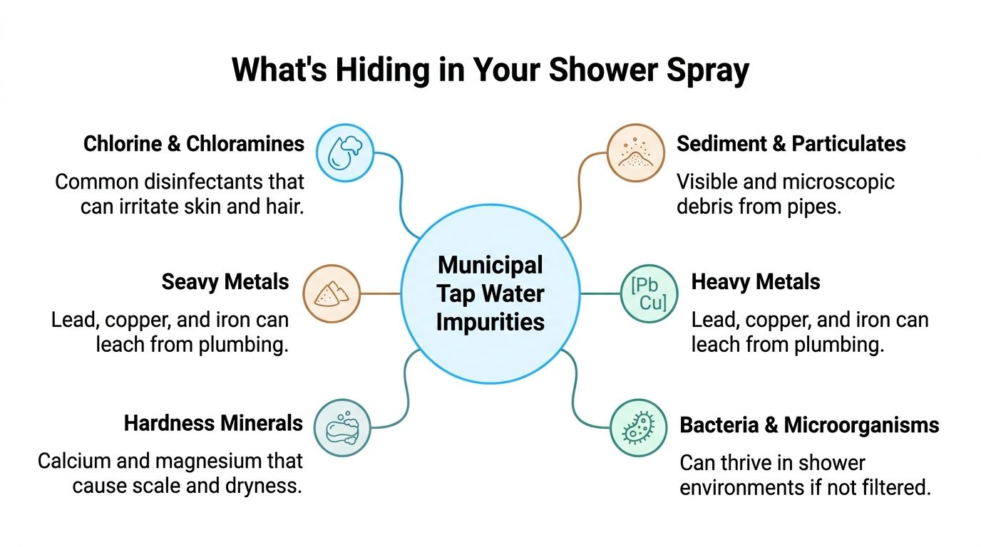 A diagram illustrating common impurities in municipal tap water found in shower sprays and their potential effects.