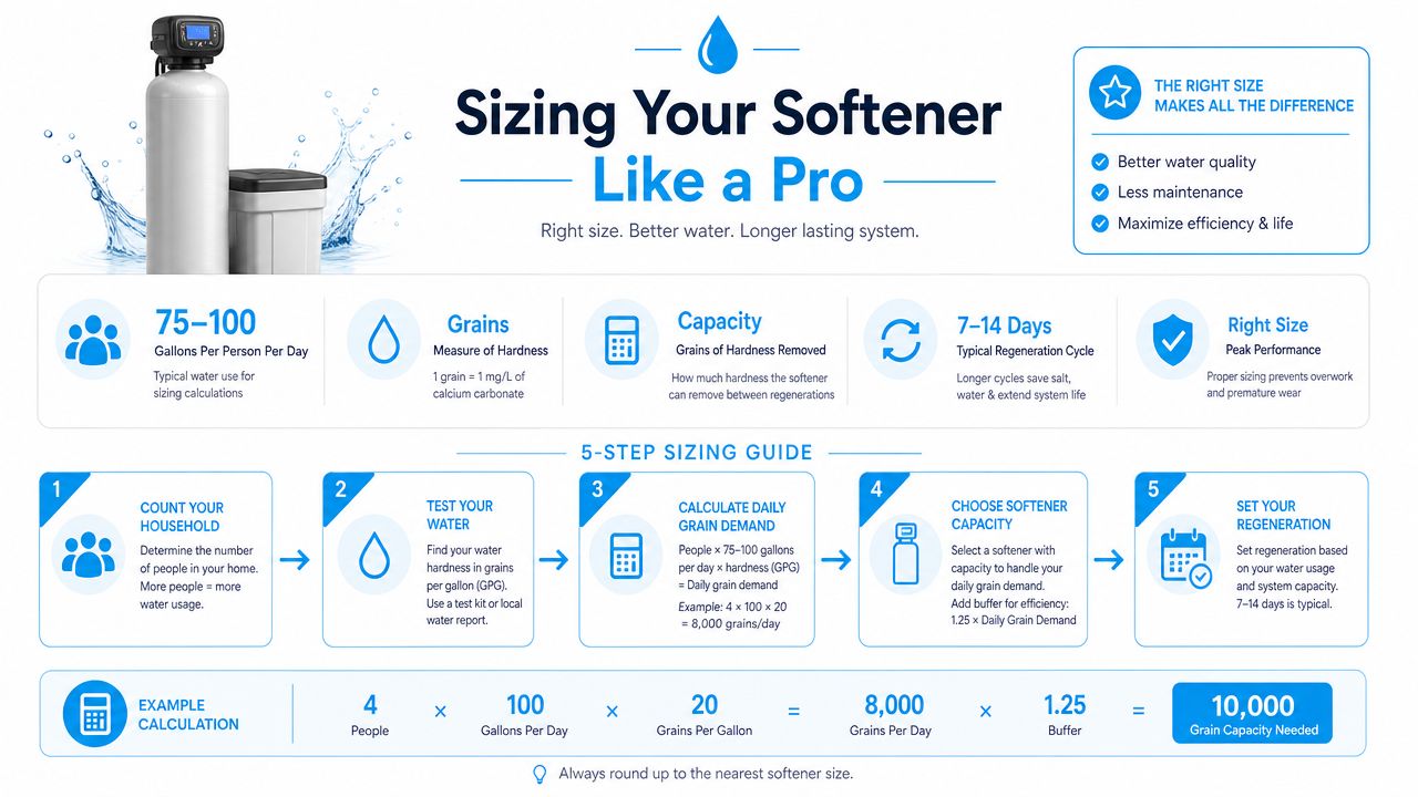 A 5-step infographic explaining how to calculate the correct grain capacity for a home water softener system.