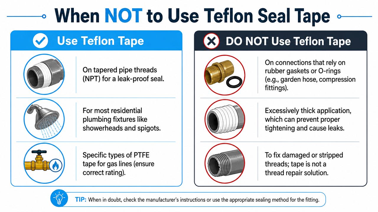 An infographic showing when to use and when not to use Teflon seal tape on plumbing fixtures.