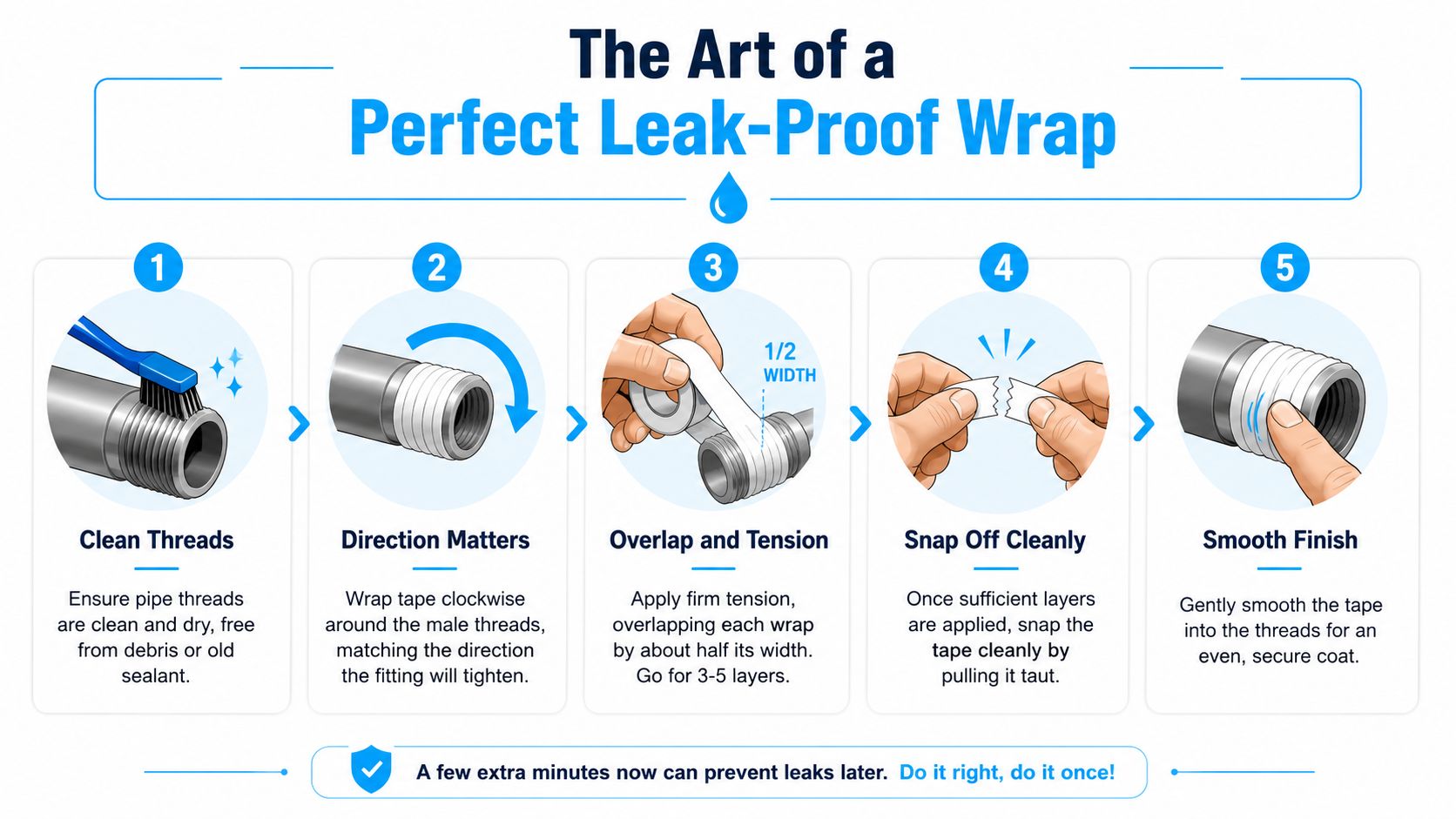 A step-by-step instructional infographic on how to correctly apply Teflon seal tape to pipe threads.
