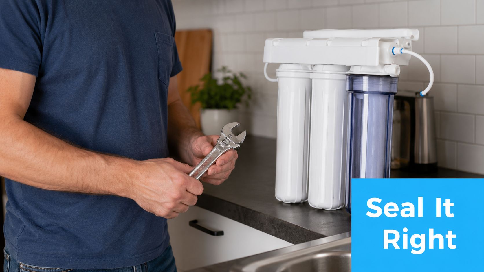 A person holding an adjustable wrench next to a water filtration system on a kitchen counter.
