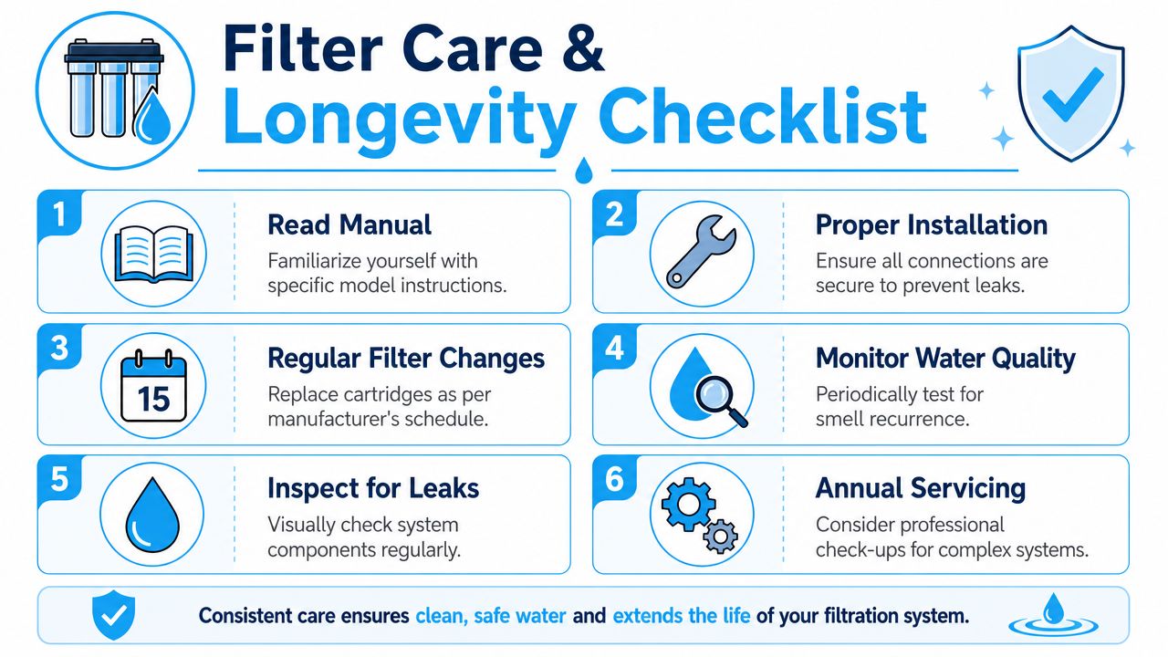 An infographic titled Filter Care and Longevity Checklist providing six tips for maintaining water filtration systems.