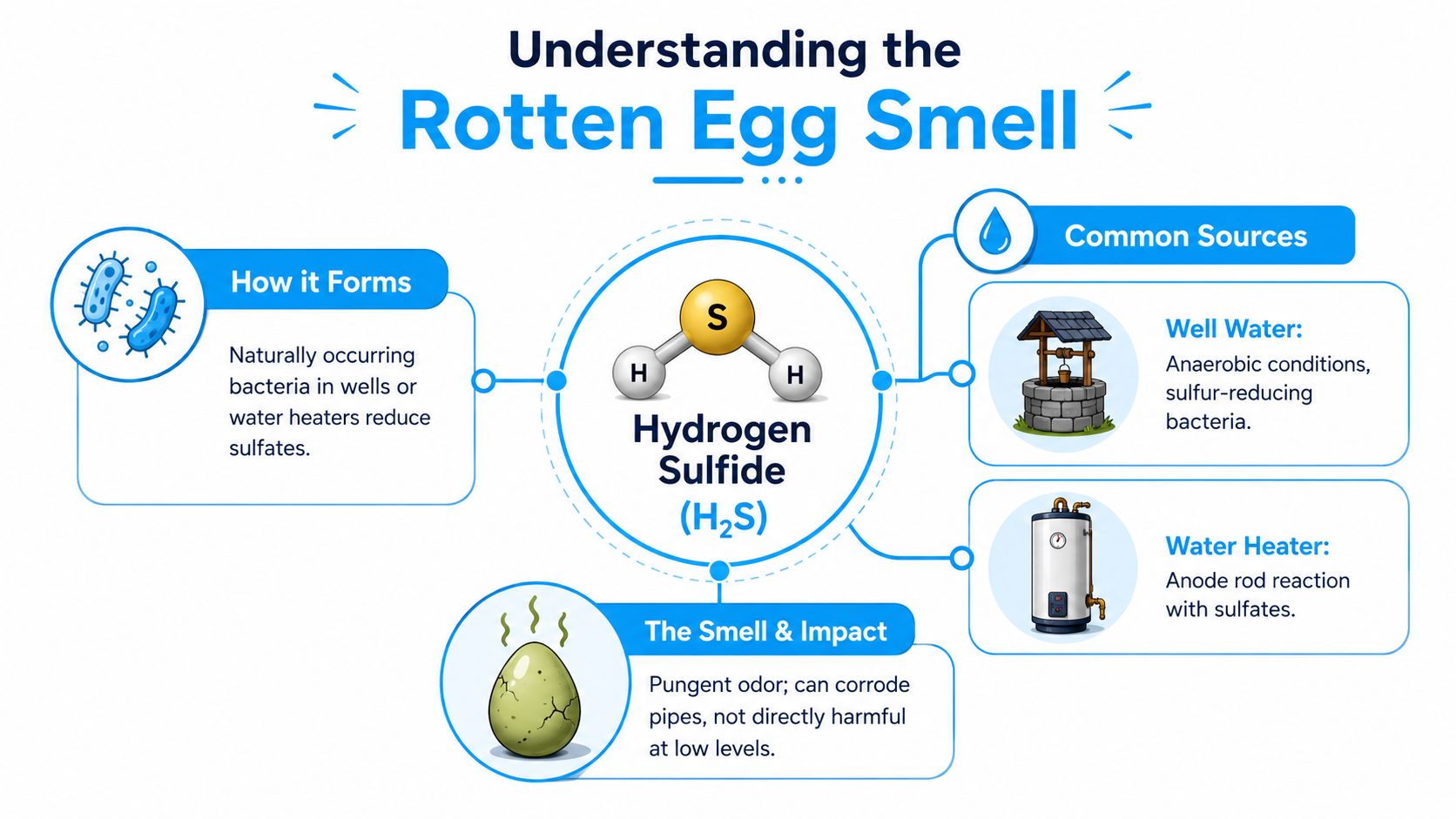 An infographic explaining that hydrogen sulfide gas causes the rotten egg smell in home water supplies.