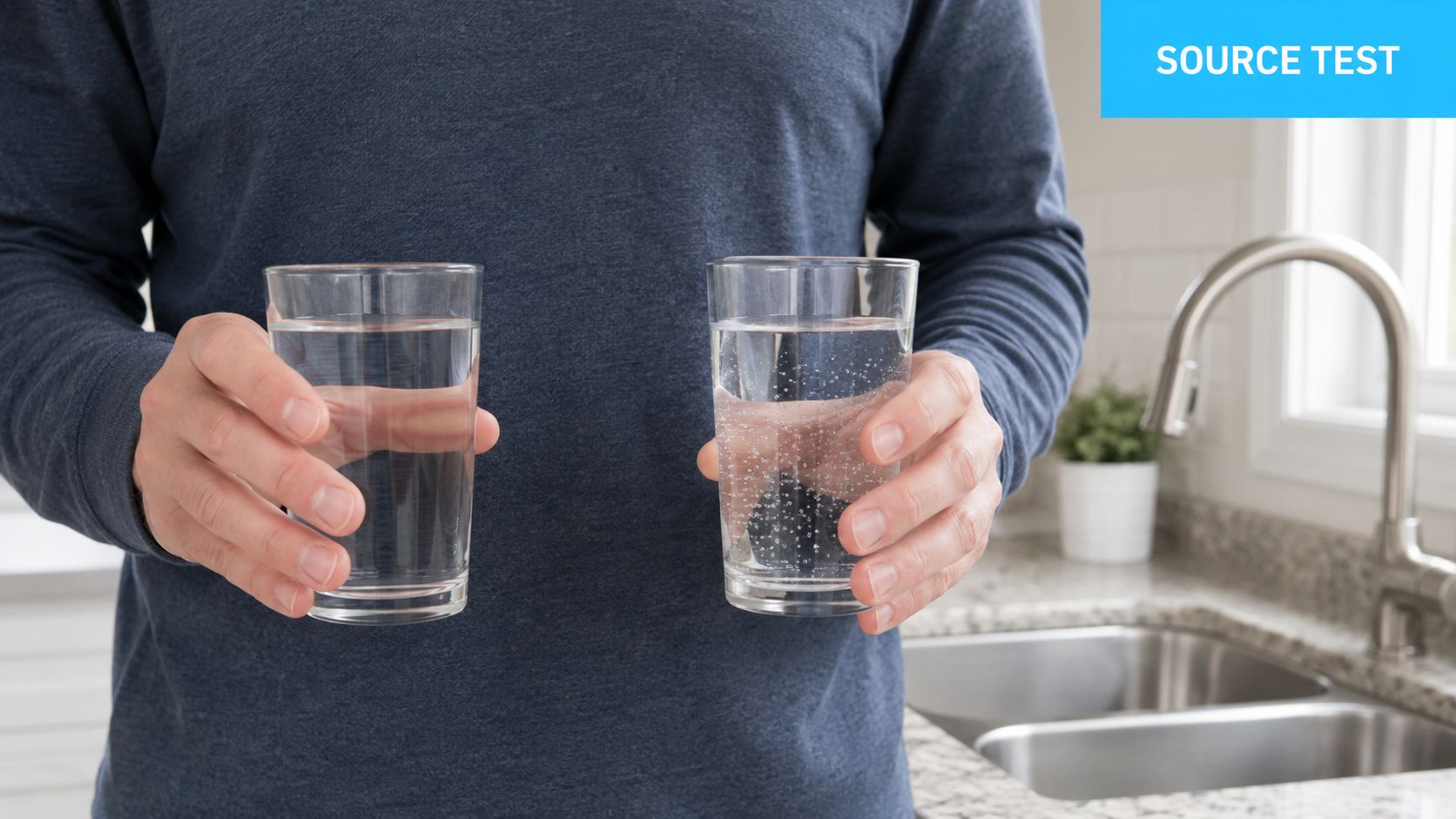 A person holding a glass of clear water alongside a glass of bubbly water in a kitchen.