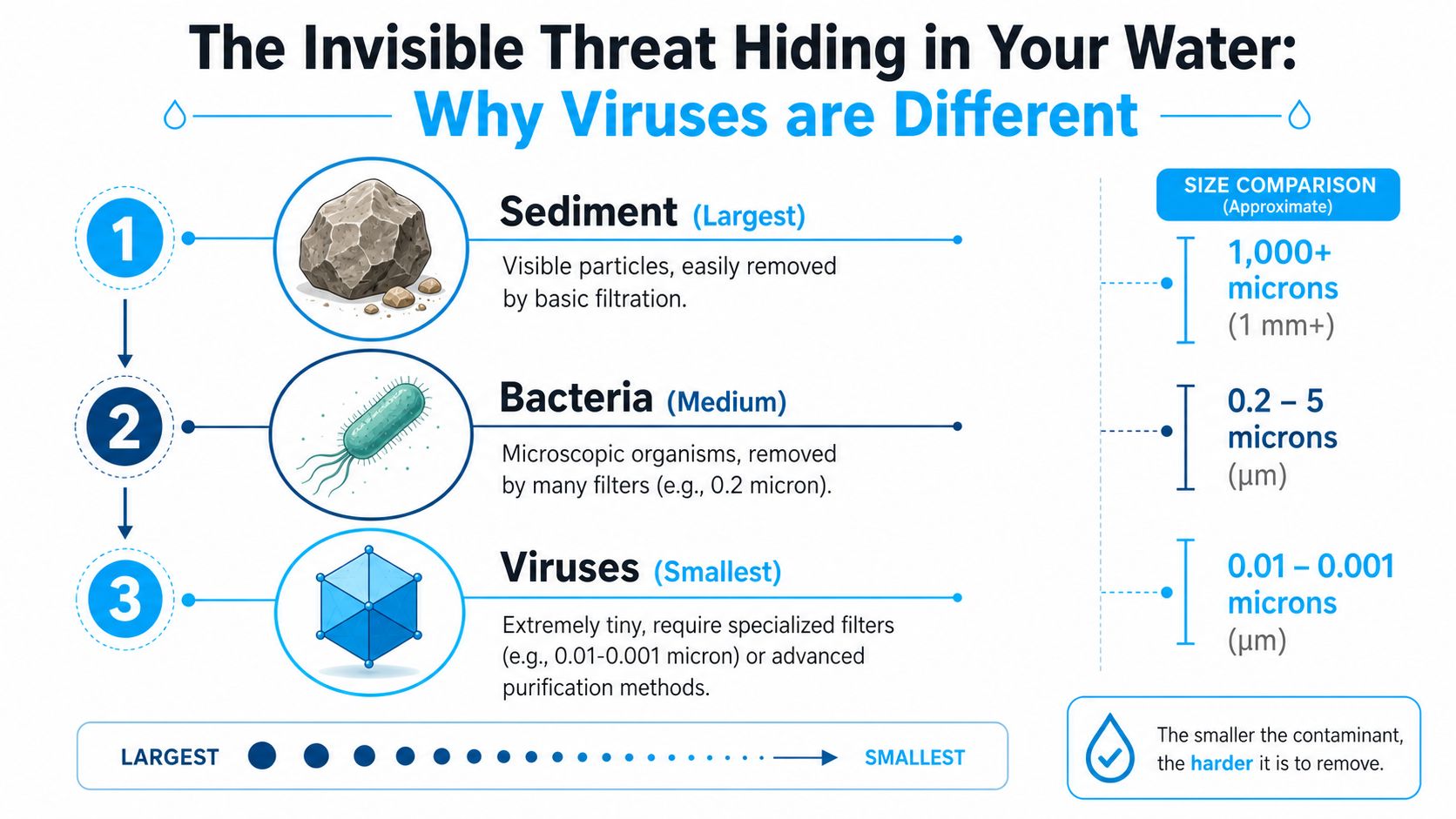 An infographic comparing the relative sizes of sediment, bacteria, and viruses found in contaminated water sources.