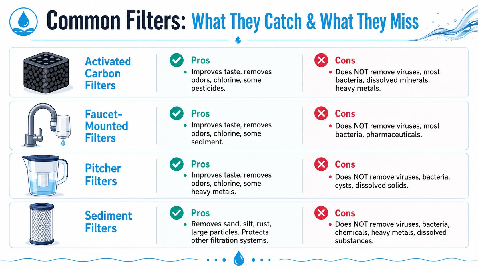 A table chart comparing common water filter types by listing their pros and cons for removing contaminants.