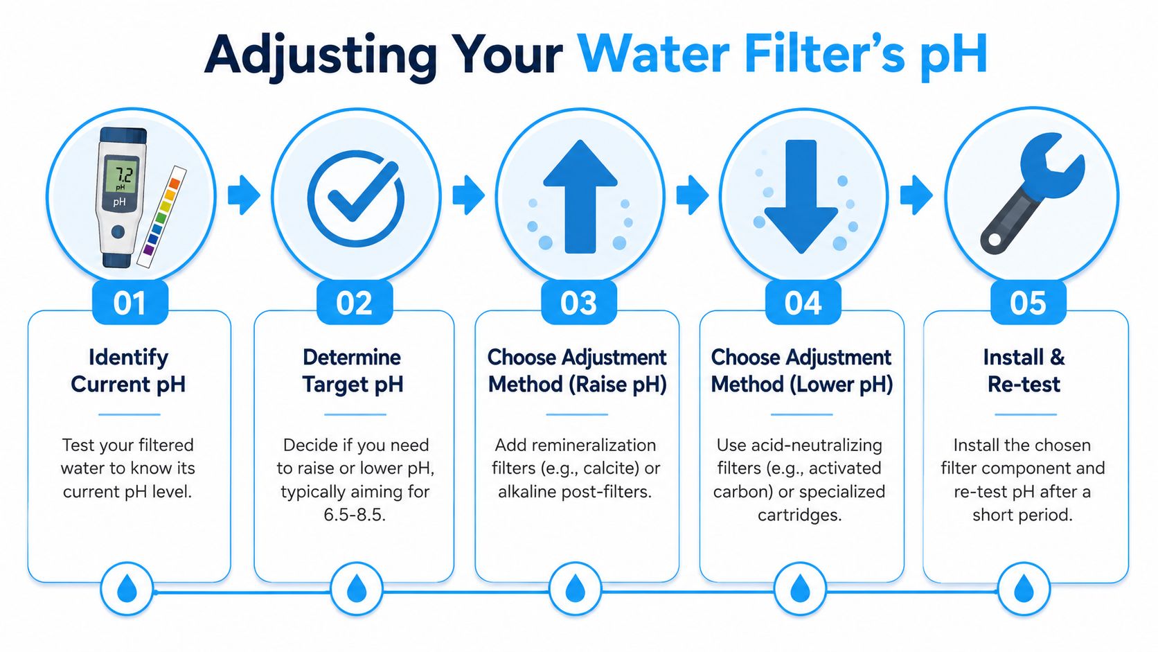 A five-step infographic guide illustrating the process of adjusting and balancing your home water filter pH levels.