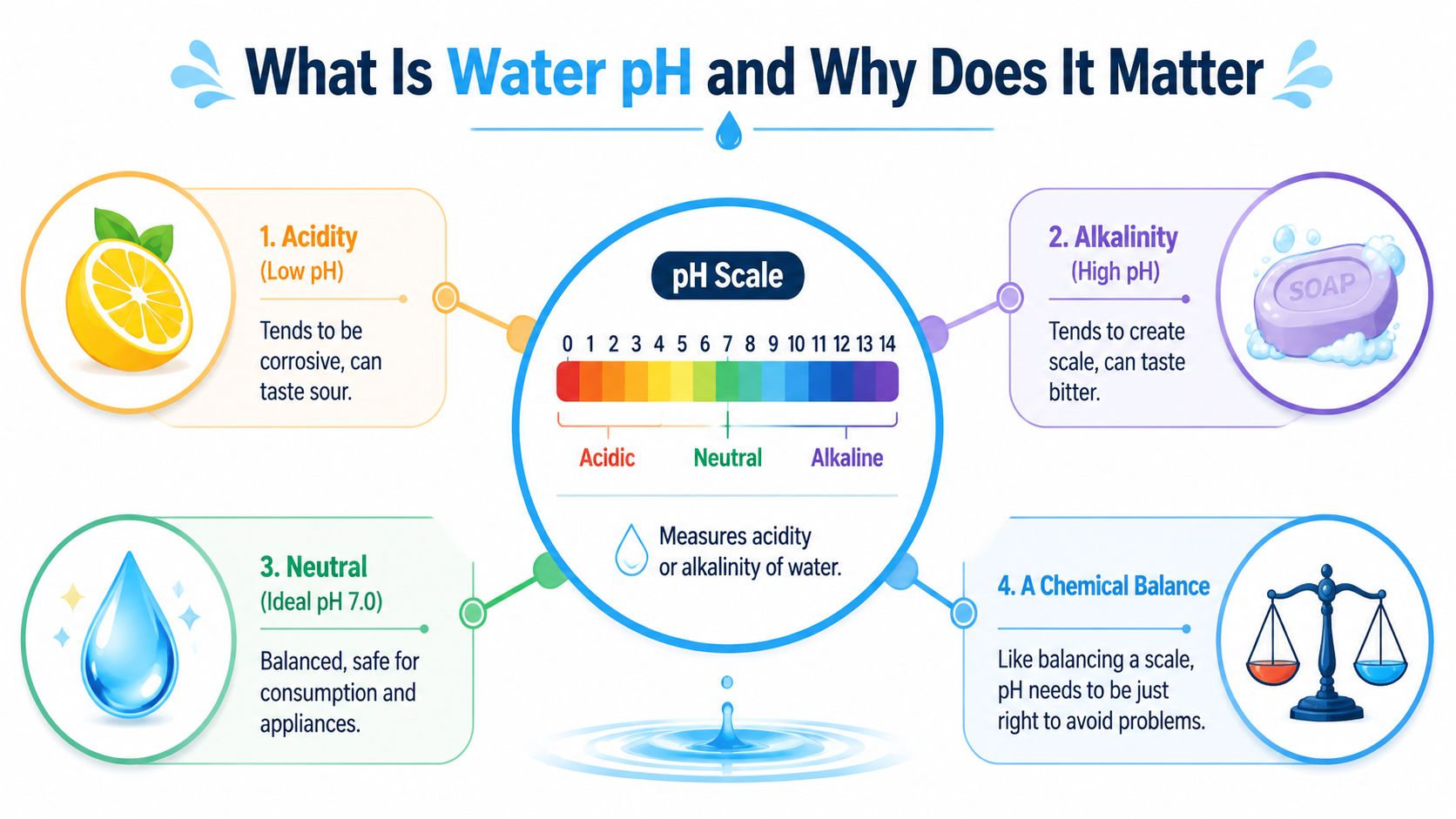 An infographic explaining water pH levels, ranging from acidic lemons to alkaline soap and neutral water.
