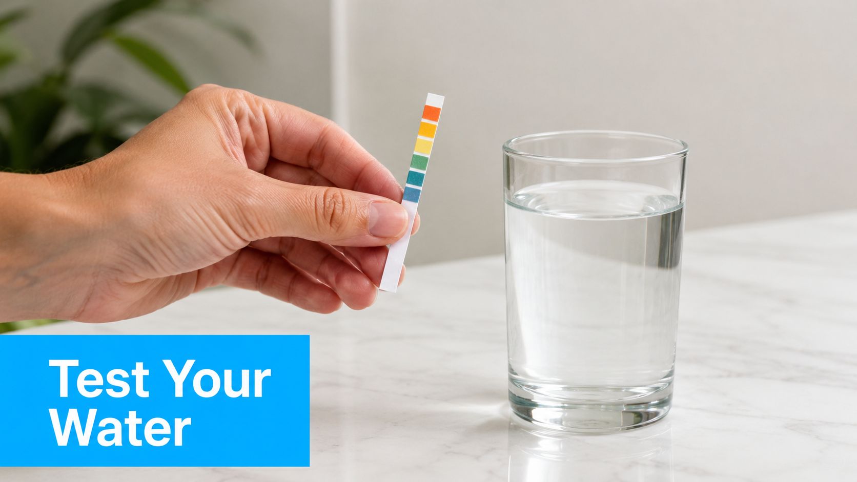 A hand holding a pH test strip next to a glass of water on a table.