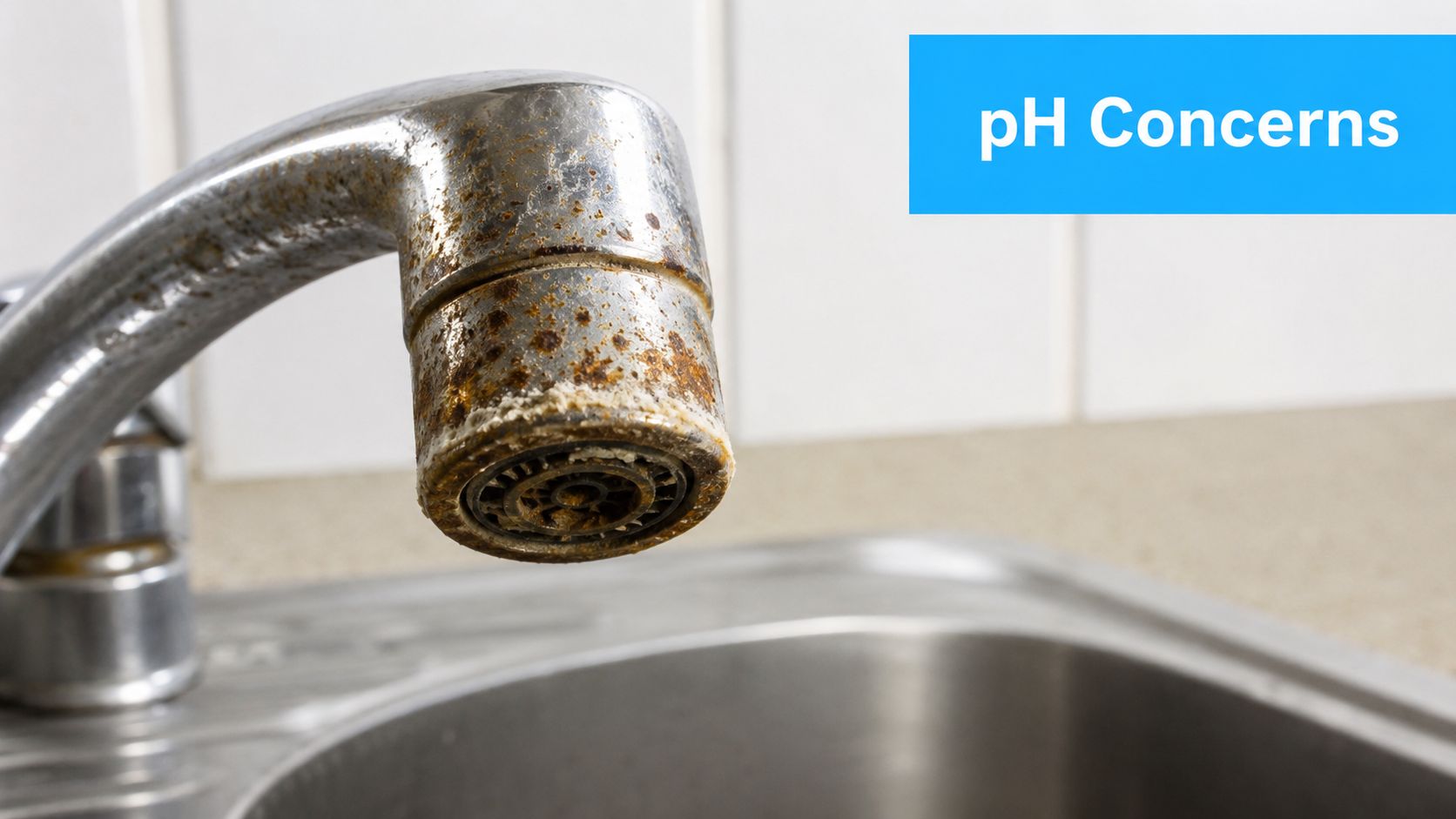 A close up view of a rusty, lime-encrusted kitchen faucet indicating potential water quality and pH concerns.