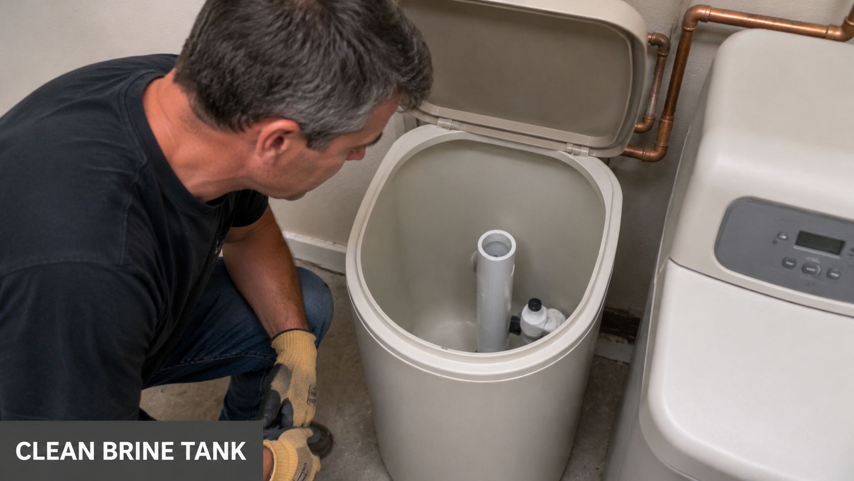 A technician inspects and cleans the interior of a brine tank for a home water softener system.
