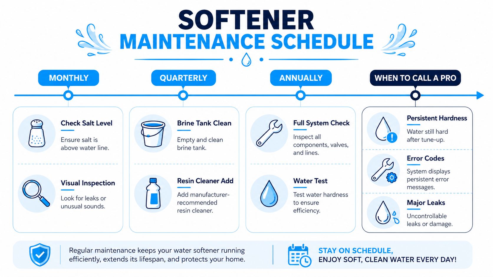 A maintenance schedule infographic for water softeners detailing monthly, quarterly, and annual tasks and when to call pros.