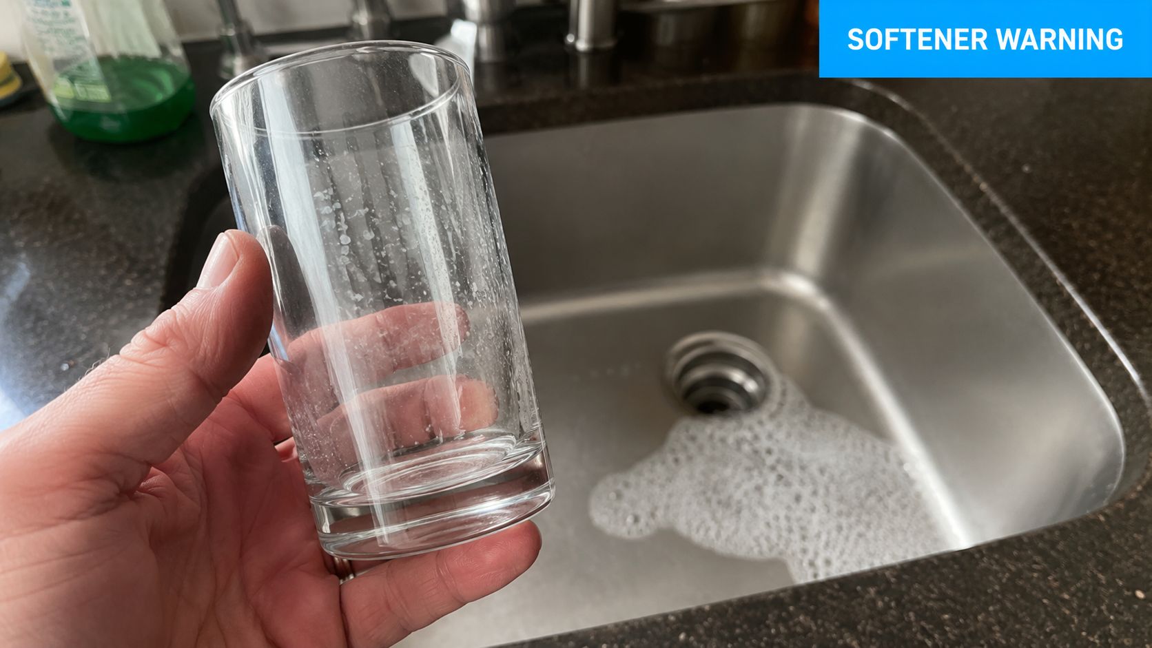 A hand holding a glass showing water spots, indicating issues related to a water softener system.