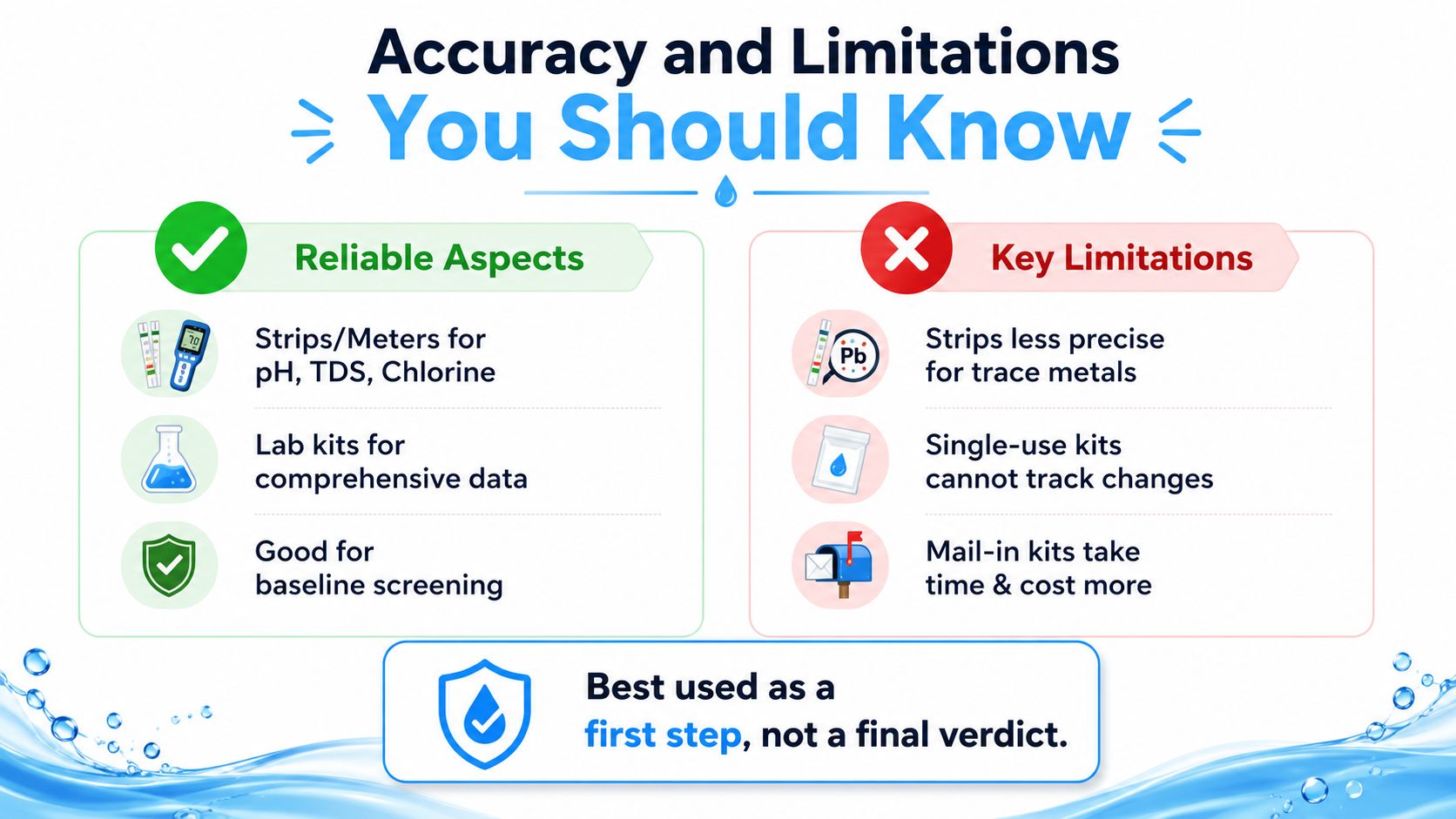 An infographic titled Accuracy and Limitations You Should Know, outlining pros and cons of various water testing methods.