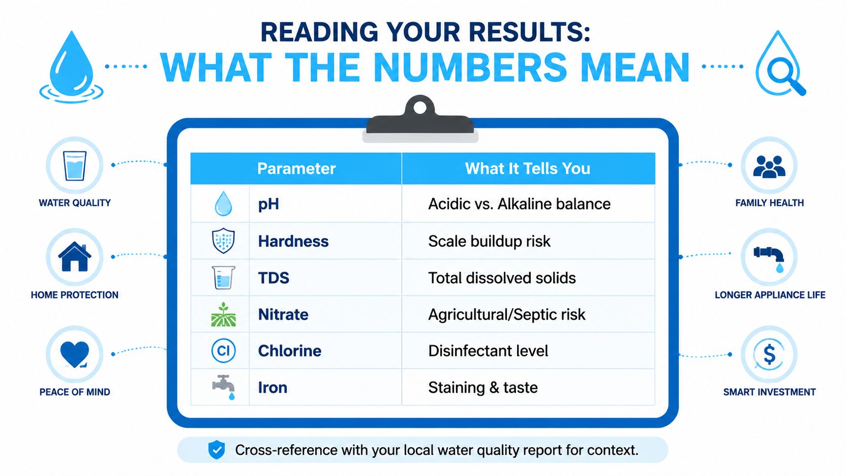 An infographic explaining water test parameters like pH, hardness, TDS, nitrate, chlorine, and iron levels.