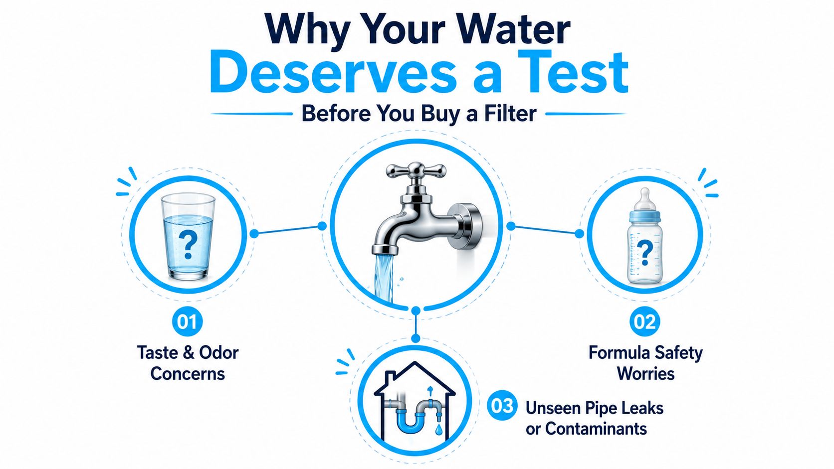 An infographic illustrating why home water testing is essential for health, safety, taste, and plumbing maintenance concerns.