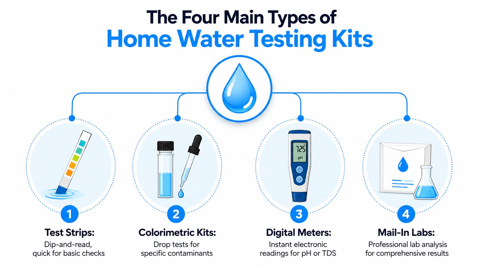 An infographic illustrating four main types of home water testing kits including strips, drops, meters, and labs.