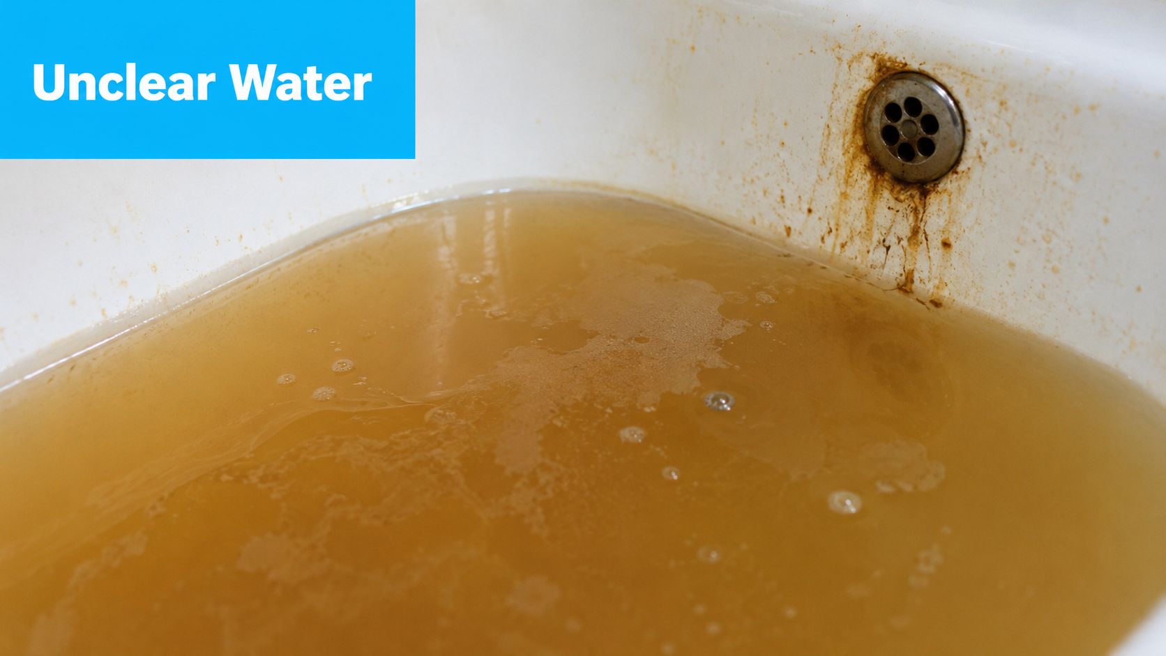 A dirty, stained bathtub filled with murky brown, contaminated water indicating poor plumbing or water quality issues.