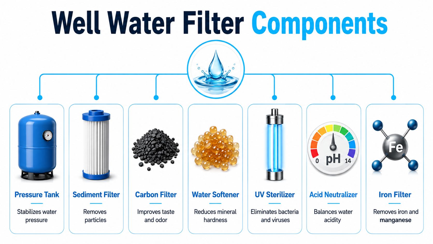 A diagram illustrating the seven essential components of a well water filtration and treatment system.