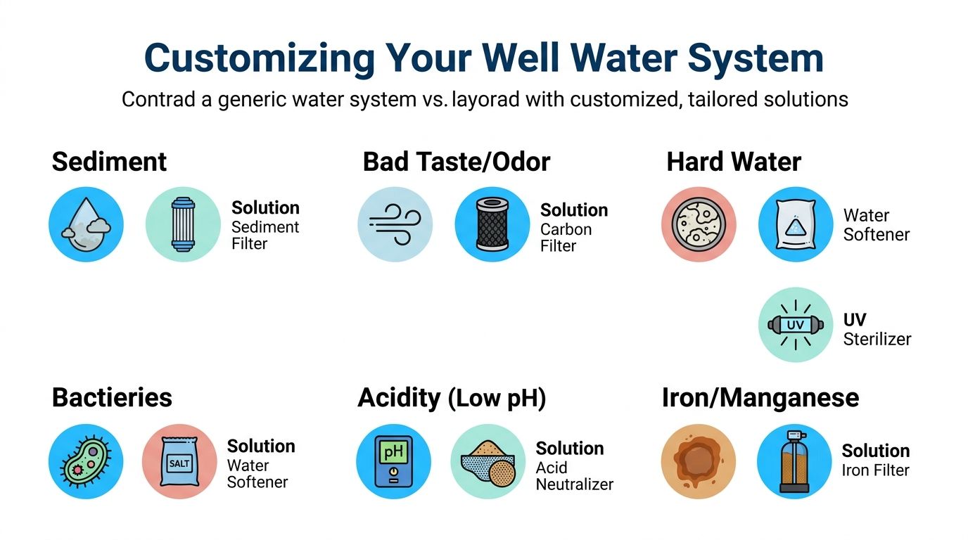 A diagram illustrating customized water treatment solutions for common well water issues like sediment, odor, and hardness.